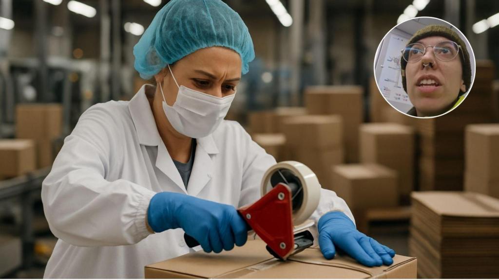 Imagen generada por IA de la operaria de fábrica y Nerea.