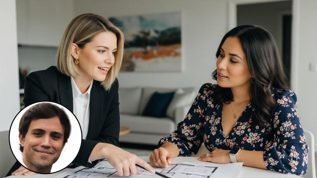 Montaje de Javier Eiranova con dos personas revisando unos planos en una imagen creada con IA.