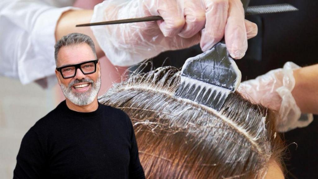 Montaje de Víctor del Valle y una mujer tiñéndose las canas.