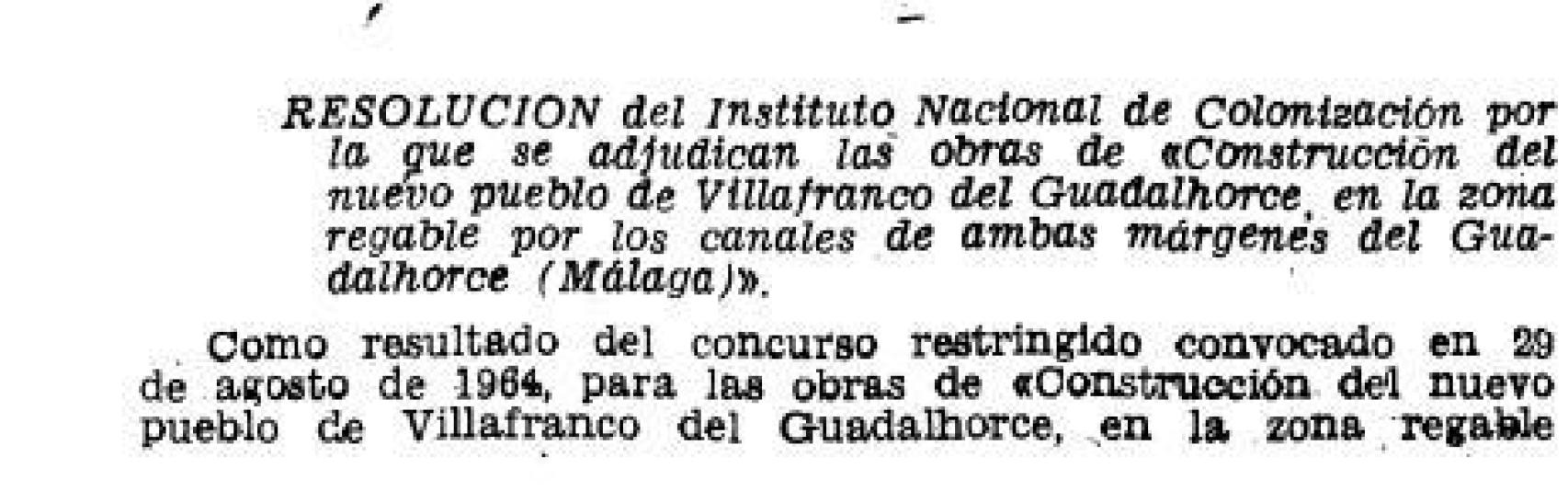 Extracto del anuncio del BOE de 1964 sobre la creación de Villafranco del Guadalhorce.