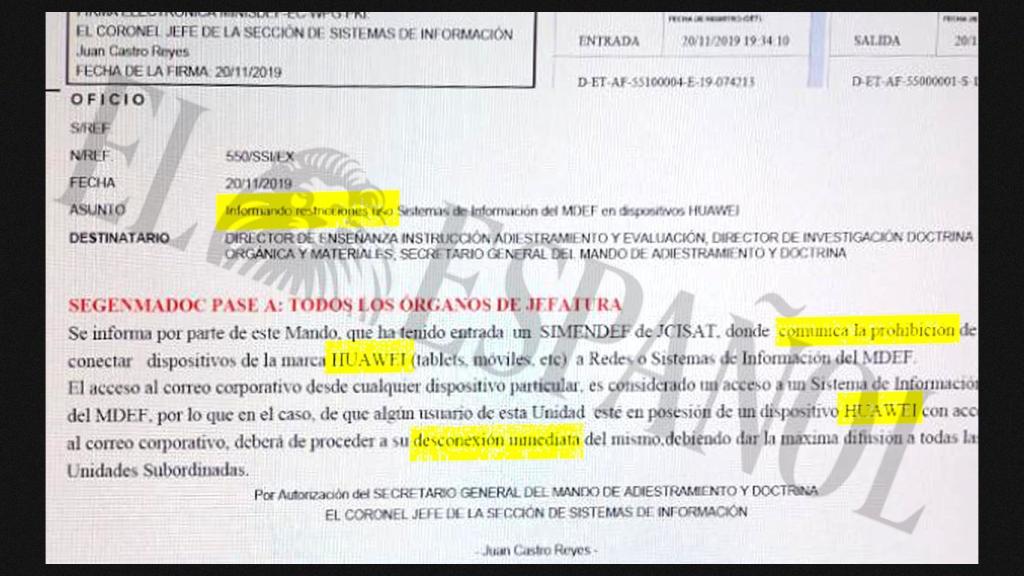 Orden reemitida a todos los trabajadores del Ministerio de Defensa en el año 2019 que establecía la desconexión inmediata de los dispositivos Huawei.