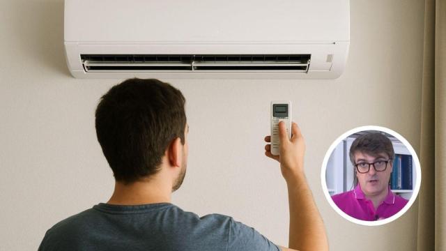 Montaje con hombre encendiendo el aire acondicionado y Jorge Morales Labra, experto energético.