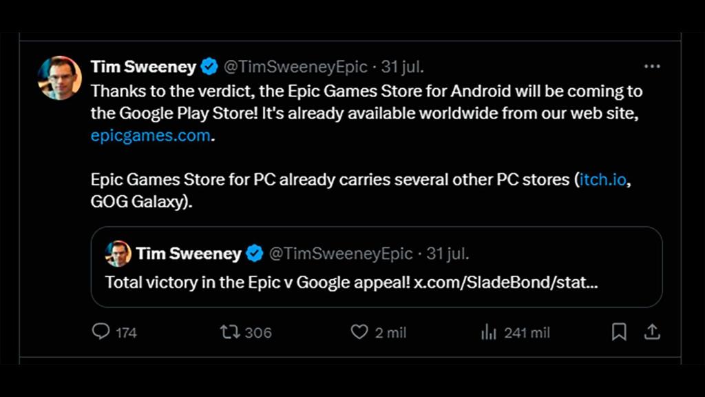 Tuit de Tim Sweeny, CEO de Epic Games