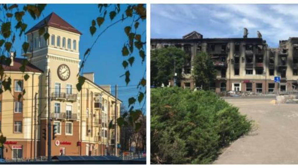 Edificio del Reloj antes y después del ataque ruso.