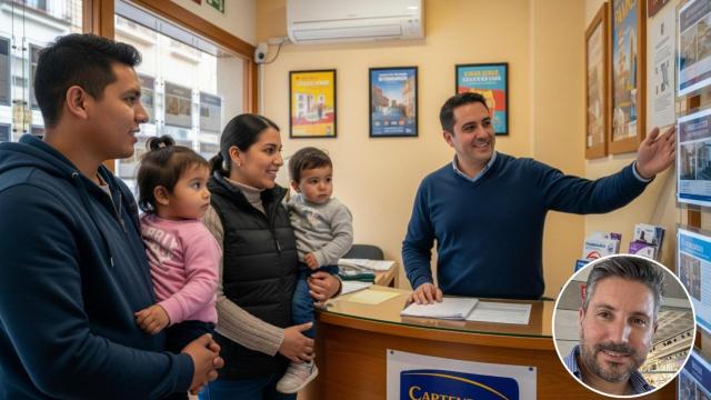 Montaje de Erick Schwember con emigrantes latinos buscando vivienda en una foto creada con IA.