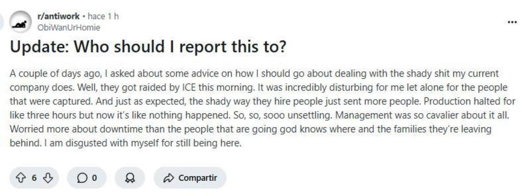 Captura de pantalla de uno de los posteos en Reddit