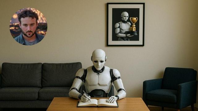Un montaje de Jonathan con un robot escribiendo un texto en un cuaderno.