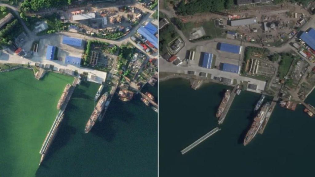 Vista aérea de la base de submarinos nucleares Rybachiy en Kamchatka, Rusia.