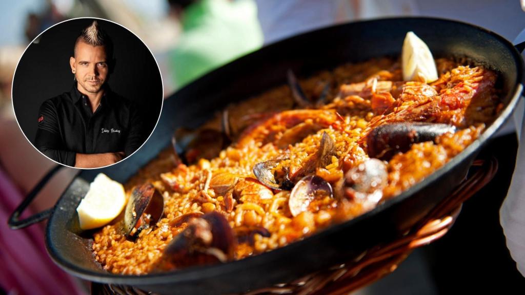 El chef Dabiz Muñoz y una paella de marisco.