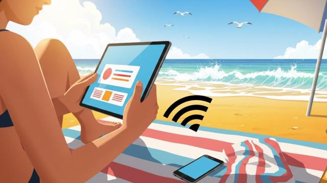 Ilustración de una mujer usando la tablet en la playa comnectada al móvil