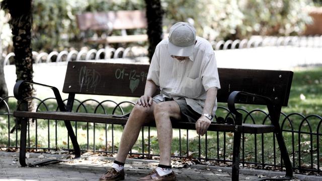 Un pensionista descansa en un banco de un parque de Madrid.