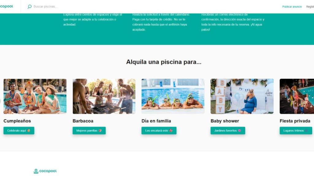Opciones de eventos a celebrar en las piscinas privadas en el portal de 'Cocopool'.