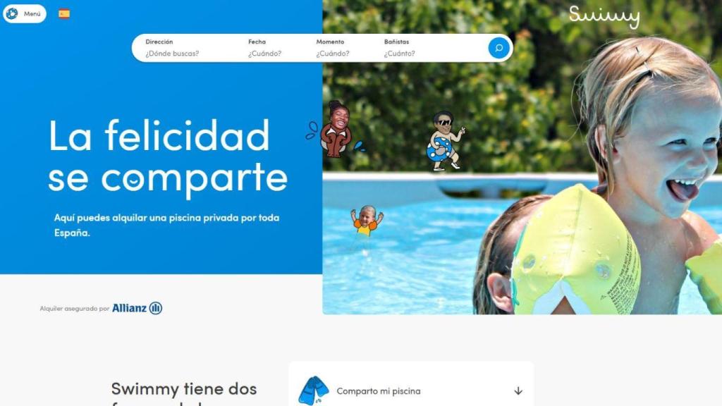 Página de inicio de la plataforma de alquiler de piscinas Swimmy.