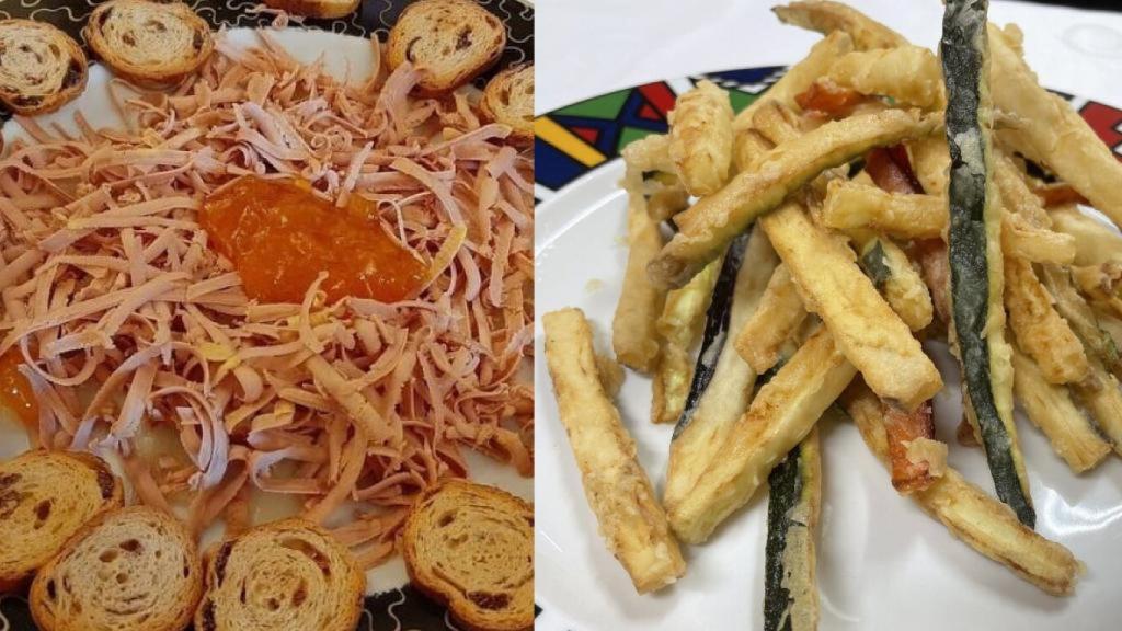 Carpaccio de pera y verduras en tempura.