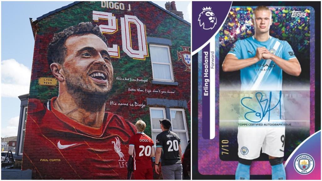 Mural en memoria de Diogo Jota y una de las cartas de la colección oficial de la Premier League
