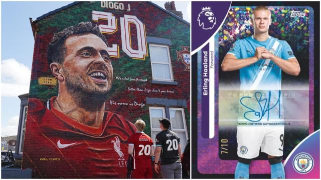 Mural en memoria de Diogo Jota y una de las cartas de la colección oficial de la Premier League
