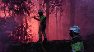 Bomberos de A Coruña en Corme Aldea colaborando en la extinción de un incendio