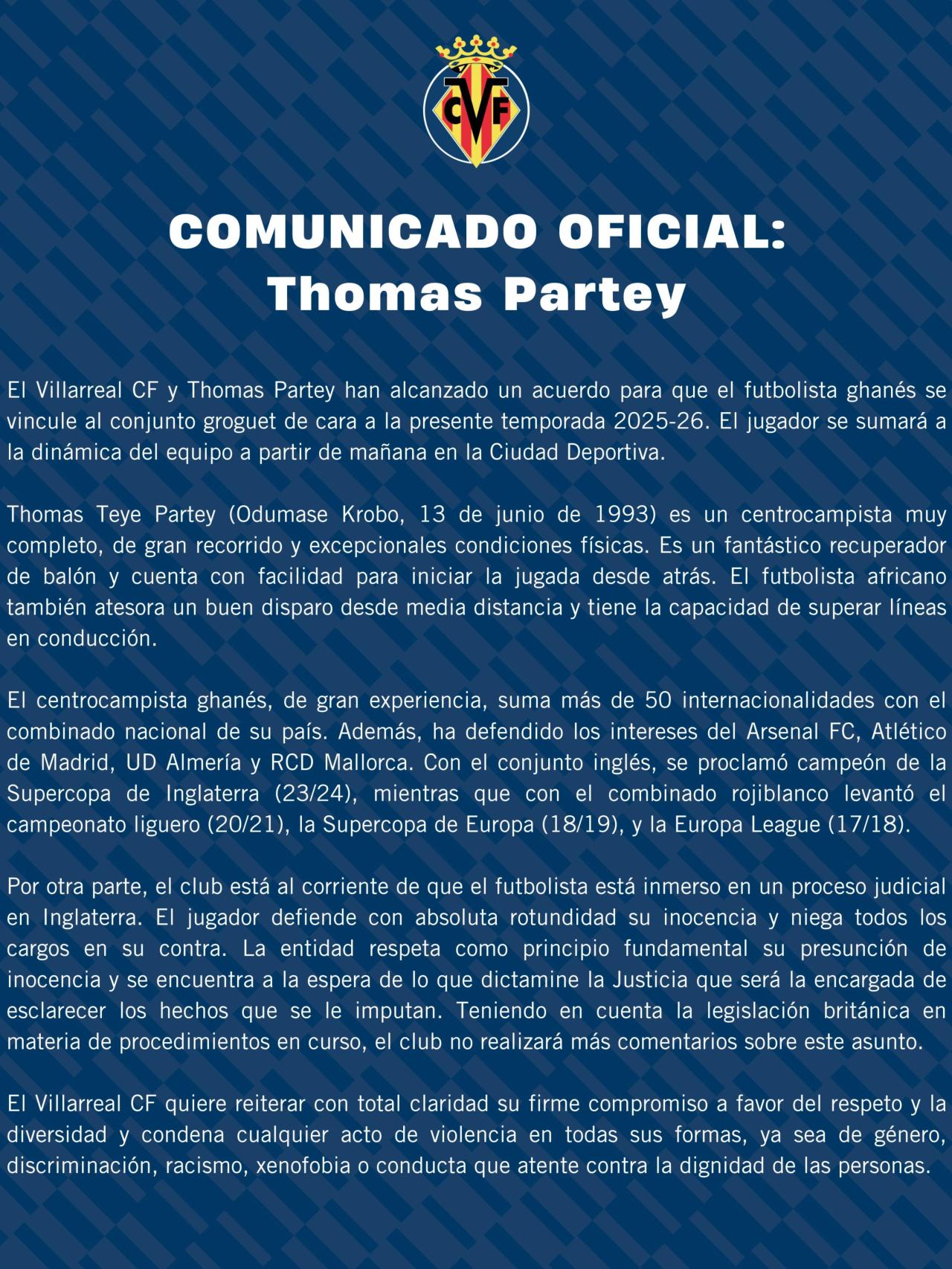 Comunicado oficial del Villarreal tras el fichaje de Thomas.