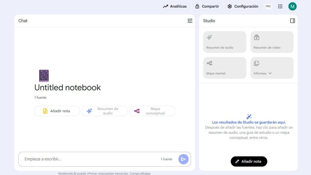 La nueva intefaz de NotebookLM en la versión web
