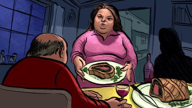 En la ilustración, Erin Patterson muestra un pastel de solomillo de carne picada Wellington, como con el que envenenó a cuatro familiares de su exmarido.