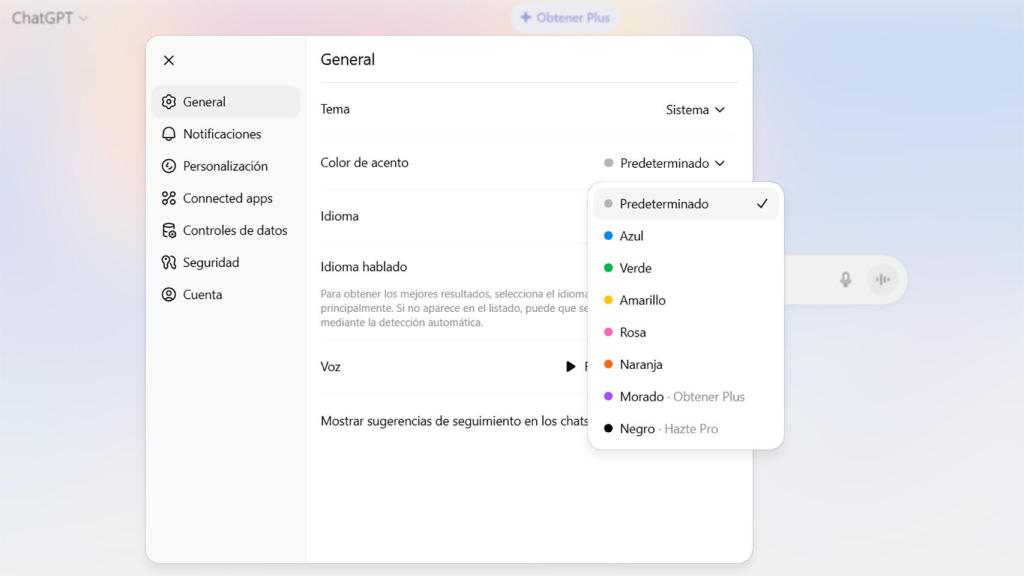 El acento de color de los chats en ChatGPT