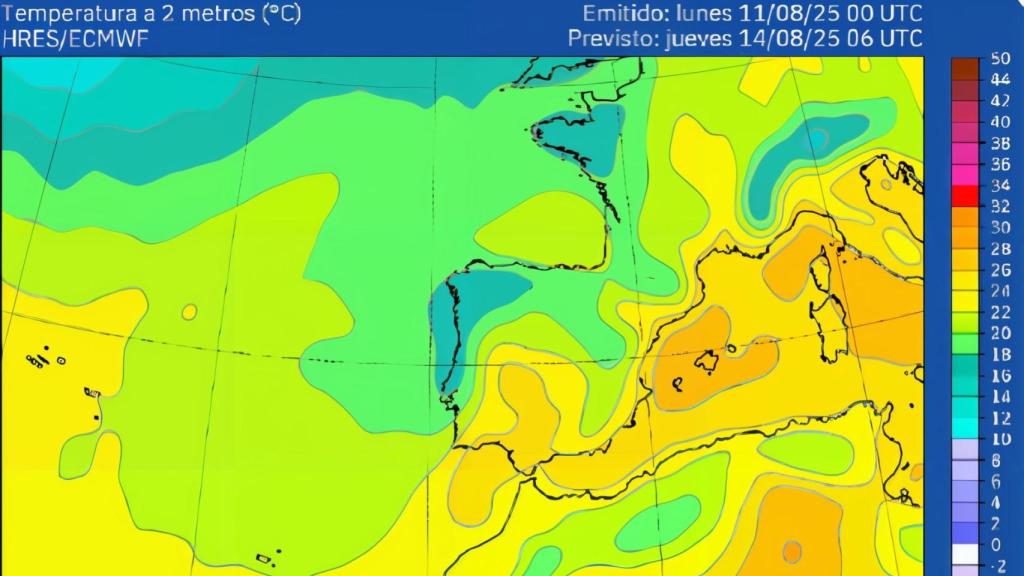 Mapa con temperaturas previstas para el jueves 14
