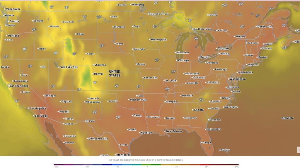 Captura de pantalla del mapa de temperaturas actuales en EEUU