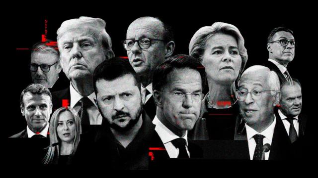 De izquierda a derecha, Macron, Starmer, Meloni, Trump, Zelenski, Merz, Rutte, Von der Leyen, Costa, Stubb y Tusk.