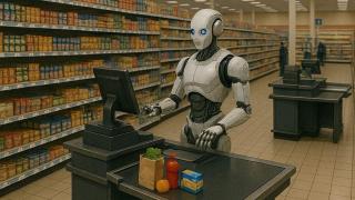 Un robot ejerciendo de cajero en un supermercado en una imagen creada por la IA.