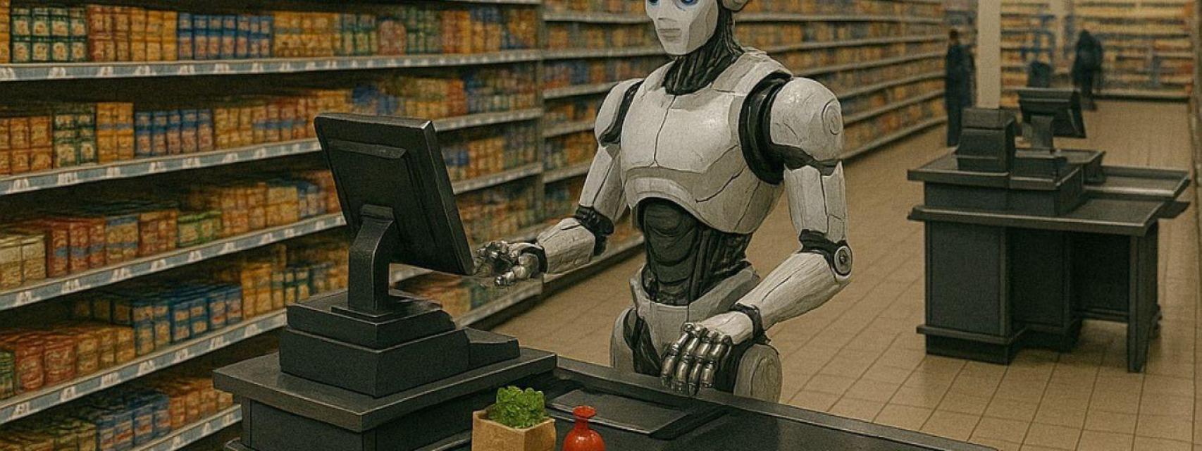 Un robot ejerciendo de cajero en un supermercado en una imagen creada por la IA.
