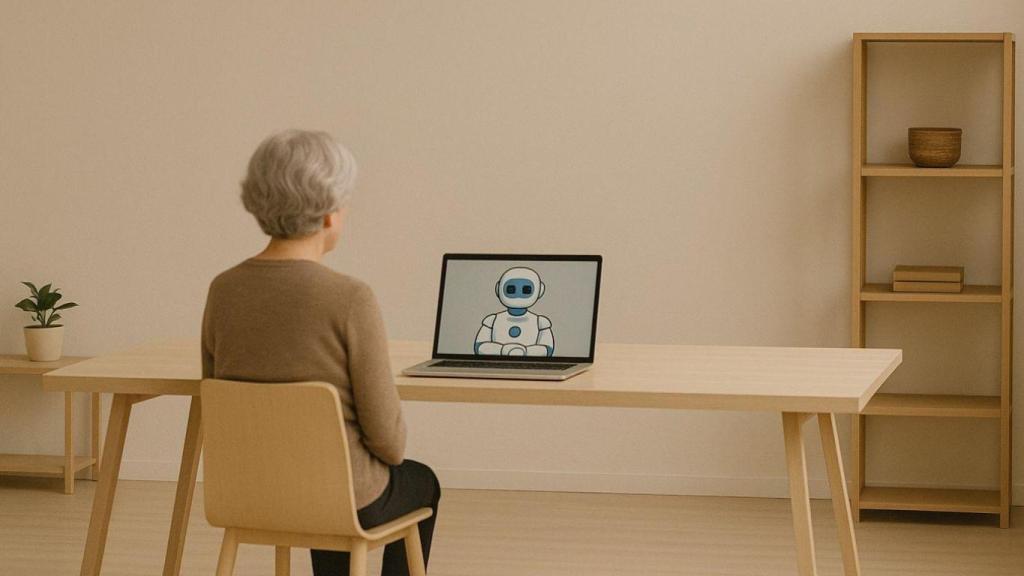 Una mujer realiza una vídeo llamada con un robot en una imagen generada por IA.