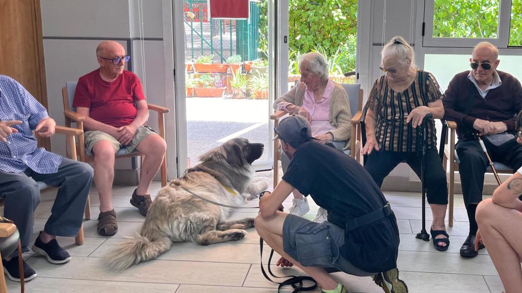 Los voluntarios de la protectora CIMPA Alcalá, con la perra Chakala al Centro de Día El Val.