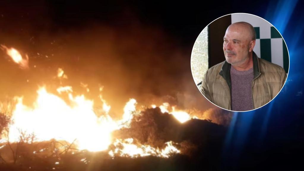 Montaje del alcalde de Navalmoralejo (Toeldo), Juan Carlos Cabello, con una imagen del incendio que afecta a su municipio.