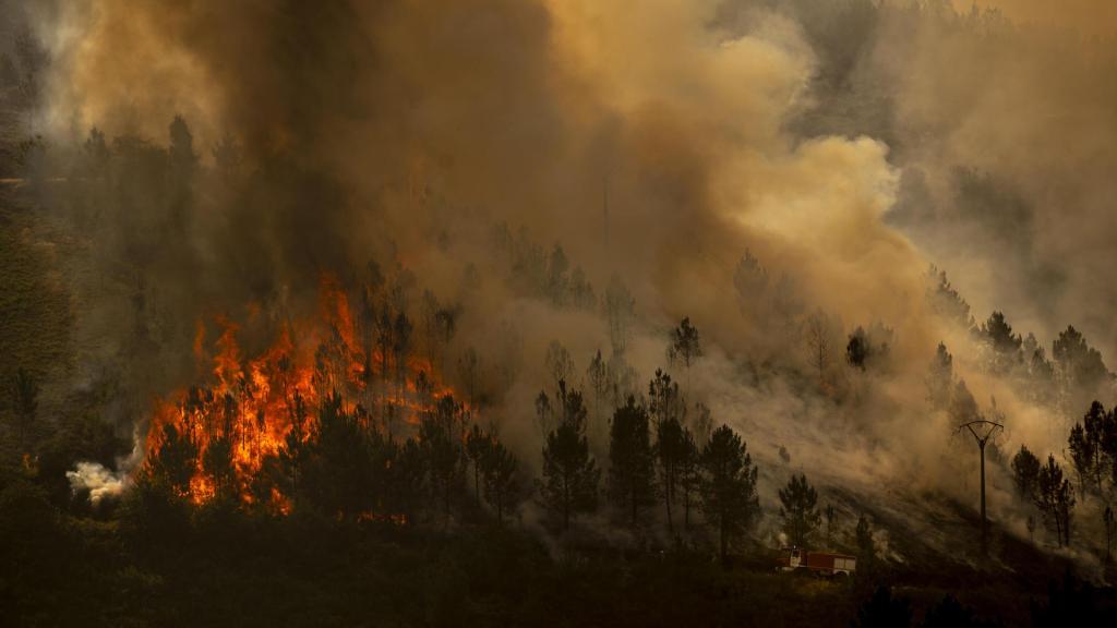Vista del incendio que se registra en los alrededores de Maceda (Ourense).