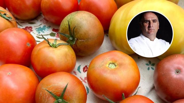 Un montaje de unos tomates y el chef José Andrés.