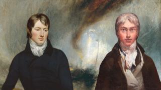 John Constable (izq) y William Turner (dcha), de fondo 'Barco de vapor en una bocana de puerto con tormenta de nieve (1842)'.