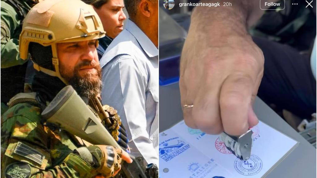 Alexander Gronko, en una imagen de archivo de la Guardia Nacional Bolivariana; junto a una imagen compartida por él mismo en sus redes siendo sellado por la Guardia Civil en un punto de atención al peregrino.