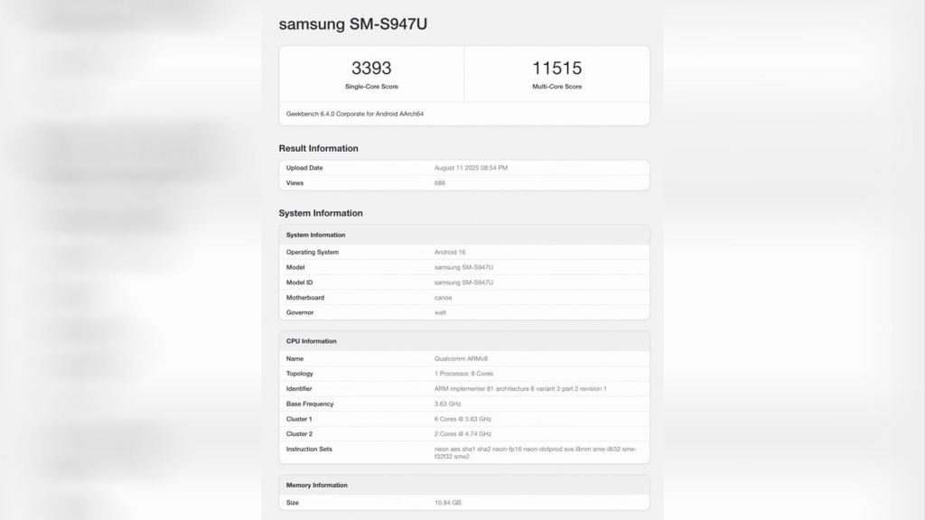 Galaxy S26 Edge en el benchmark Geekbench