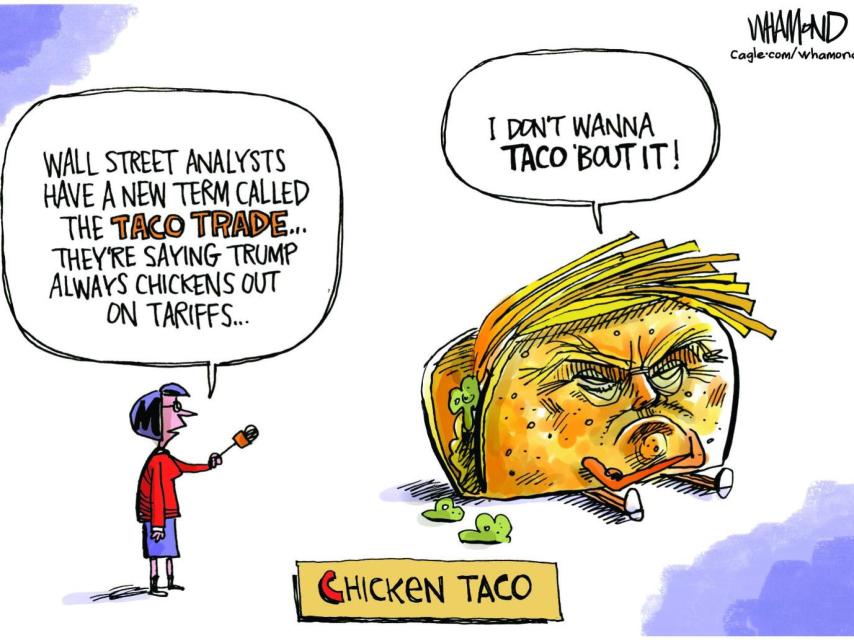 Una viñeta humorística que hace un fuego de palabras con I don't wanna taco 'bout it y la expresión original I don't wanna talk about it (No quiero hablar de eso).