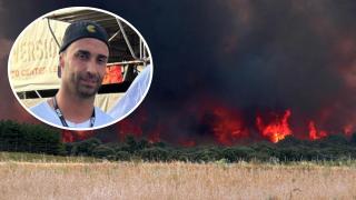 Imagen de las llamas en Herreros de Jamuz (Foto: Peio García - Ical) y, en el círculo, Abel Ramos, el voluntario fallecido (Foto: UPL en la Diputación de León)