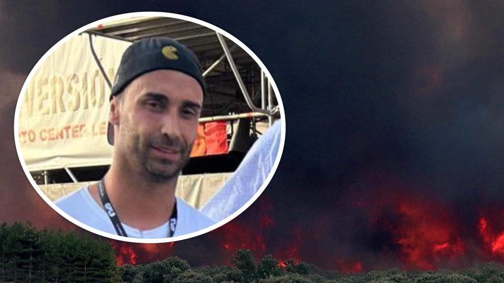 Imagen de las llamas en Herreros de Jamuz (Foto: Peio García - Ical) y, en el círculo, Abel Ramos, el voluntario fallecido (Foto: UPL en la Diputación de León)