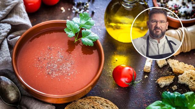 Montaje con el chef Dani García y un plato de gazpacho.