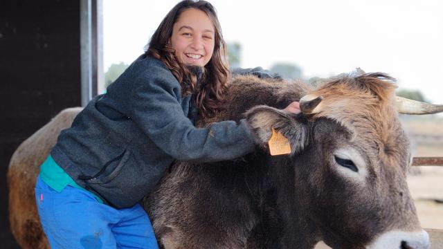 Coro Repullés, veterinaria de Salvando Peludos en la Fundación con la vaca Sella.