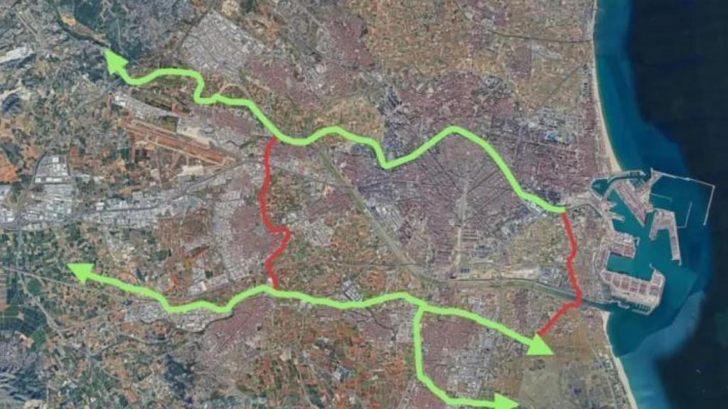 Los dos trazados del parque inundable en el río Turia y la cuenca del Poyo proyectado por la Generalitat. EE