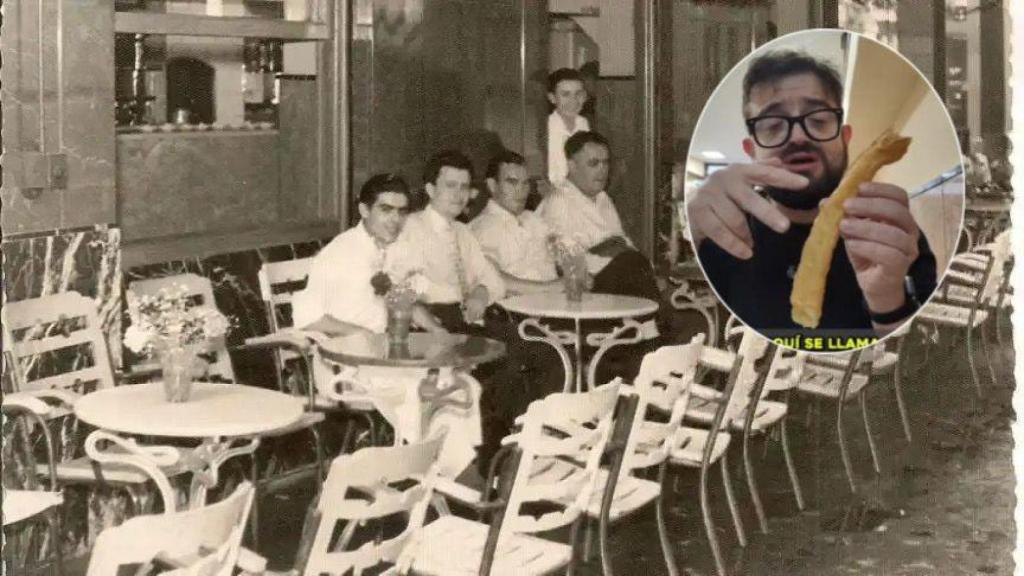 Montaje de Casa Aranda en 1950 y del influencer en la churrería comiendo.