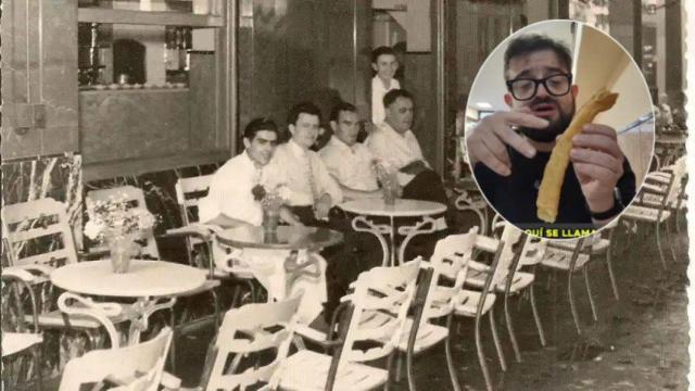 Montaje de Casa Aranda en 1950 y del influencer en la churrería comiendo.
