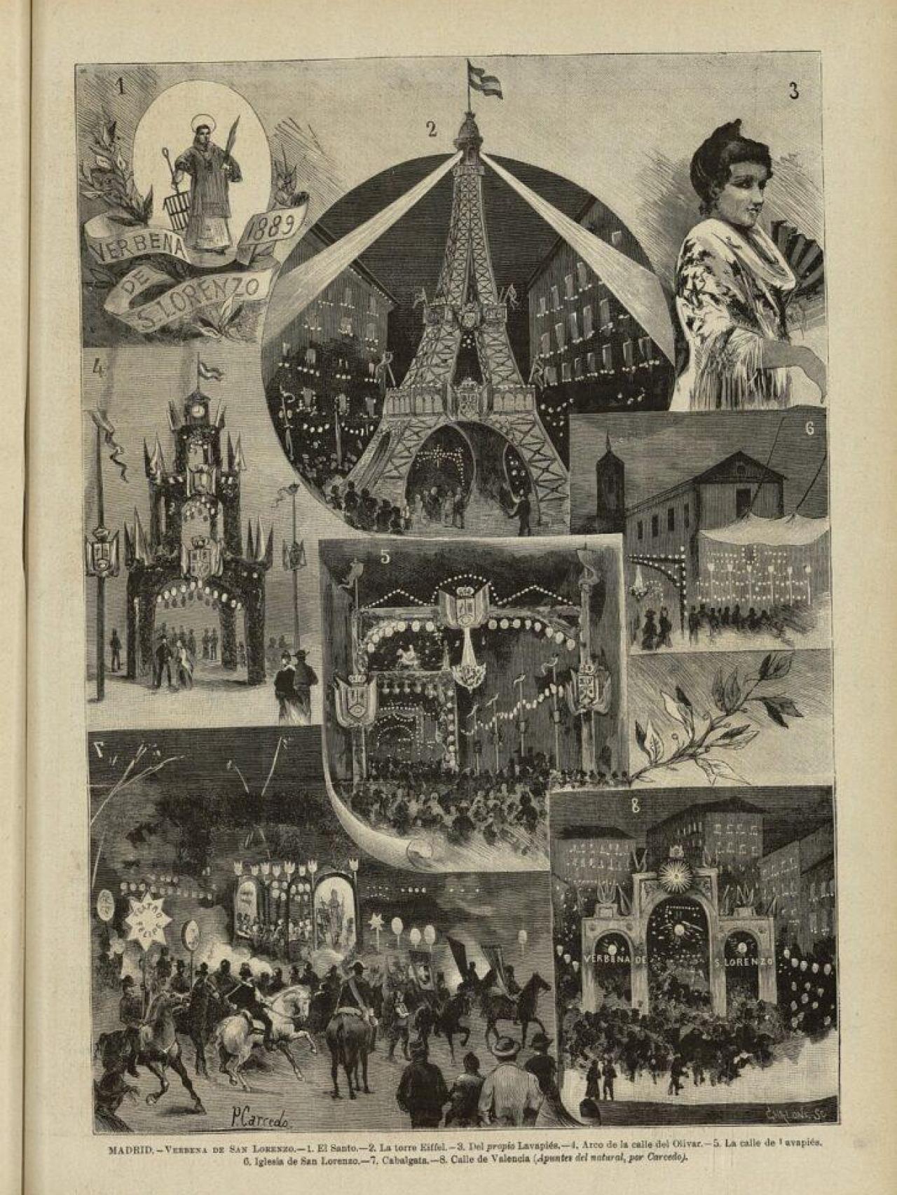 Ilustración de Primitivo Carcedo publicada en la revista 'La Ilustración Nacional' del 30 de agosto de 1889 sobre las decoraciones urbanas con motivo de la verbena de San Lorenzo de ese año. Destaca la reproducción de la Torre Eiffel en Lavapiés.