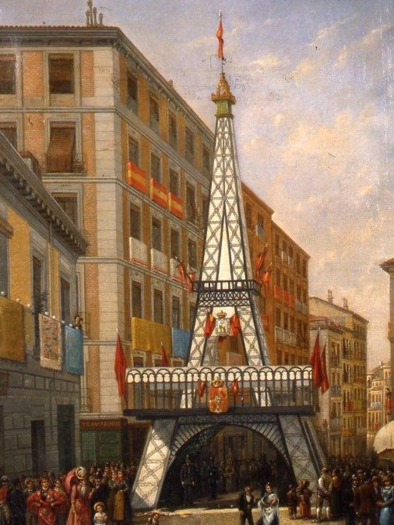 El cuadro anónimo de nombre Calle madrileña engalanada guardado en el Museo de Historia de Madrid.