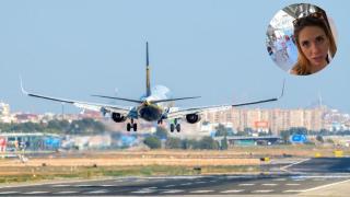 Fotomontaje de un avión aterrizando y y la creadora de contenido Mery Caldass.