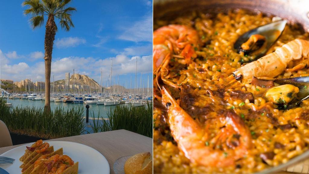 Vistas al puerto de Alicante y una paella de arroz.
